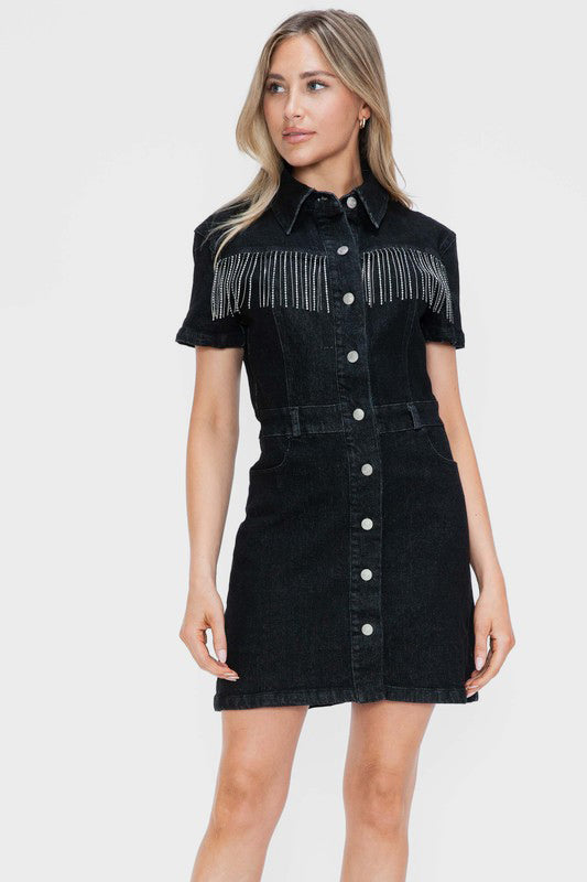 bytos Full Size Embellished Button Down Short Sleeve Denim Dress Black / S bytos Full Size Embellished Button Down Short Sleeve Denim Dress Black / S
